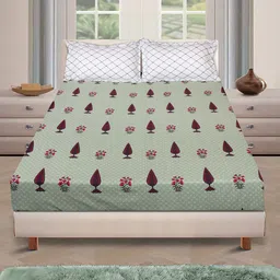 ROMEE Green & Red Floral 144 TC Cotton Queen Bedsheet With 2 Pillow Covers-31
