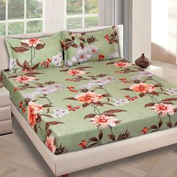ROMEE Green & Red Floral Microfiber 144 TC Queen Bedsheet with 2 Pillow Covers-33