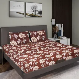 Aura Rust Floral 144 TC Queen Microfiber Bedsheet With 2 Pillow Covers-image-92