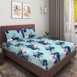 Aura Blue Floral Printed 144 TC Queen Bedsheet Set-2.24 m x 2.42 m-image-99
