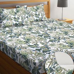 RRC Green & White Floral Printed 144 TC Fitted Queen Bedsheet with 2 Pillow Covers-image-39