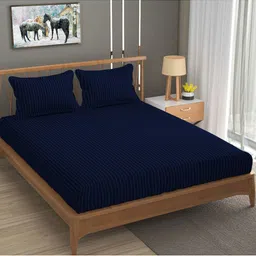 Aura Navy Blue Striped 180 TC Queen Bedsheet With 2 Pillow Covers-image-63