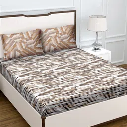 BELLA CASA Genteel Collection Brown & White 180 TC Queen Bedsheet with 2 Pillow Covers-24