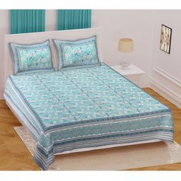 Texstylers Blue Floral 186 TC Queen Bedsheet with 2 Pillow Covers-picture-35