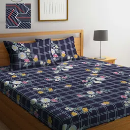 Arrabi Blue & Red Floral 300 TC 2 King Bedsheet with 4 Pillow Covers-15