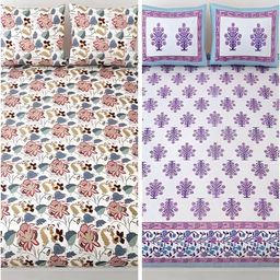 Runjhun White & Blue Floral Cotton 2 King Bedsheet with 4 Pillow Covers-image-98