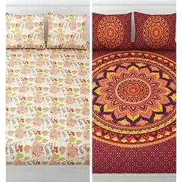 Runjhun White & Red Ethnic Motifs Cotton 2 King Bedsheet with 4 Pillow Covers-image-17