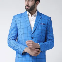 Hangup Men Blue Checked Single Breasted Blazers-15