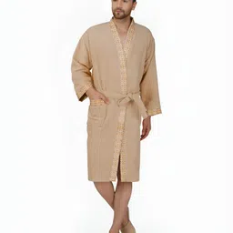 RANGOLI Beige 420 GSM Pure Cotton Bathrobe With Matching Slippers-image-81