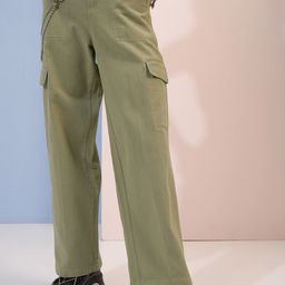 Tokyo Talkies Women Green Flared High-Rise Cotton Cargos Trousers-image-107