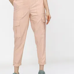 Tokyo Talkies Women Peach-Coloured Solid Tapered Fit Cargos Trousers-image-16