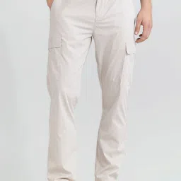 Snitch Men Cream-Coloured Smart Straight Fit Cotton Cargos Trousers-picture-37