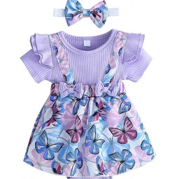 StyleCast Infants Girls Purple Floral Bow Cotton Pinafore Dress With Rompers & Headband-image-12