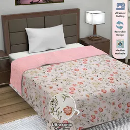 FABINALIV Pink & Off White Floral AC Room 350 GSM Reversible Single Bed Comforter-image-12