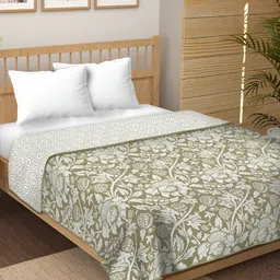 CHICERY Green & White Floral Pure Cotton AC Room 210 GSM Reversible Single Bed Dohar-15