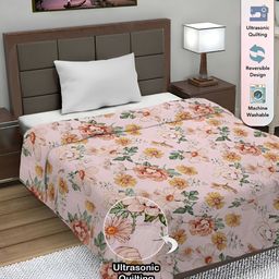 FABINALIV Peach-Coloured & Green Floral AC Room 350 GSM Reversible Single Bed Comforter-21