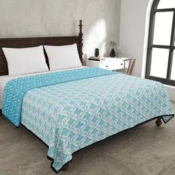JAIPUR FABRIC Ethnic Royal Firozi White Mild Winter 120GSM Cotton Double Bed Blanket-image-79