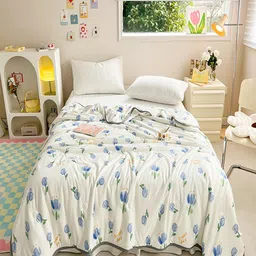 JC HOME White & Blue Floral AC Room 400 GSM Single Bed Quilt-image-32