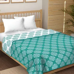 CHICERY Green & White Floral Pure Cotton AC Room 210 GSM Reversible Double Bed Dohar-13