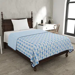 JAIPUR FABRIC Jaal Darbar White & Blue Floral Mild Winter 120 GSM Cotton Single Bed Dohar-31