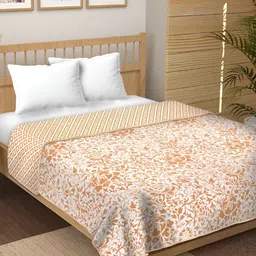 CHICERY Brown & White Floral Pure Cotton AC Room 210 GSM Reversible Double Bed Dohar-image-49