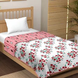 CHICERY White & Red Floral AC Room 210 GSM Cotton Single Bed Dohar-1