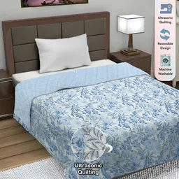 FABINALIV Blue & Off White Floral AC Room 350 GSM Reversible Single Bed Comforter-image-57