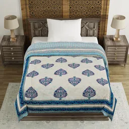 BLOCKS OF INDIA Blue & White Ethnic Motifs Mild Winter 350 GSM Single Bed Quilt-picture-35