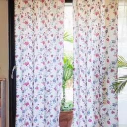 URBAN SPACE White & Blue 2-Pieces Floral Cotton Window Curtains-image-16