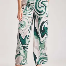 FableStreet Women Abstract Printed Loose Fit High-Rise Satin Parallel Trousers-image-5