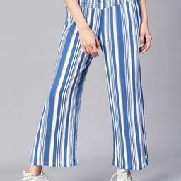 Oxolloxo Women Striped High-Rise Smocked Relaxed Loose Fit Easy Wash Parallel Trousers-image-75