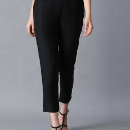 W Women Black Slim Fit Solid Cigarette Trousers-6