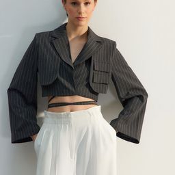 Trendyol Striped Tie-Up Detail Single-Breasted Crop Blazer-picture-37