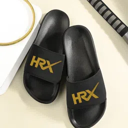 HRX by Hrithik Roshan Men Black & Gold Toned Brand Logo Printed Sliders-image-50