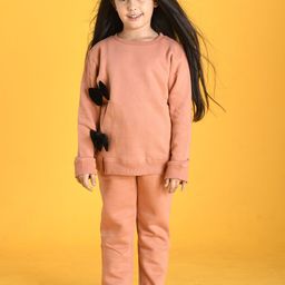 Anthrilo Girls Brown Sand Bow Fleece Sweatshirt & Joggers Set-picture-26
