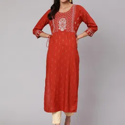 Jaipur Kurti Women Rust Ethnic Motifs Embroidered Kurta with Trousers-image-81