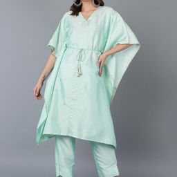 AHIKA Turquoise Blue Floral Printed V-Neck Flared Sleeves Kaftan Kurta With Trousers-image-24