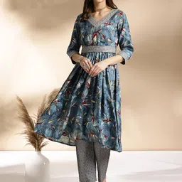 Anouk Floral Printed Empire Pure Silk A-Line Kurta With Trousers-image-14