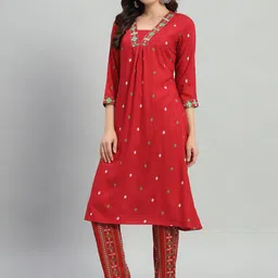 ASHRU Ethnic Motifs Embroidered A-Line Thread Work Kurta with Trousers-picture-4