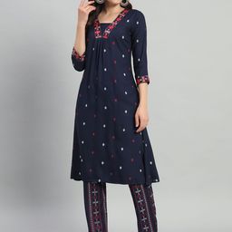 ASHRU Ethnic Motifs Embroidered A-Line Thread Work Kurta with Trousers-image-4