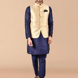 PRINTCULTR Mandarin Collar Pure Silk Straight Kurta With Pyjamas & Nehru jacket-picture-41