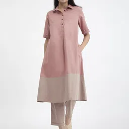 Pink Fort Colourblocked Shirt Collar Linen Kurta With Trousers-picture-26