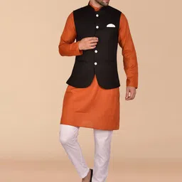 PRINTCULTR Band Collar Pure Cotton Straight Kurta & Pyjama With Nehru Jacket-picture-43