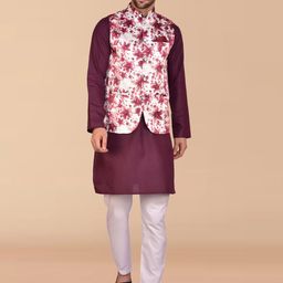 PRINTCULTR Mandarin Collar Long Sleeves Regular Cotton Kurta With Pyjamas & Nehru jacket-picture-39