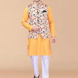 PRINTCULTR Mandarin Collar Long Sleeves Regular Cotton Kurta With Pyjamas & Nehru jacket-picture-18