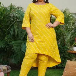 NANGALIA RUCHIRA Women Plus Size Yellow Pure Cotton Kurta with Trousers-picture-46