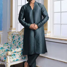 Inddus Geometric Woven Design Straight Kurta With Trousers-image-34