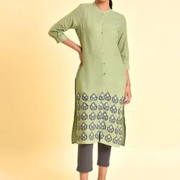 W Ethnic Motifs Printed Mandarin Collar Puffed Sleeves Straight Kurta With Trousers-37