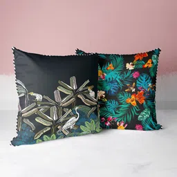 BIANCA Black & Multi Color Set Of 2 Floral Printed Square Cushion Covers image 2