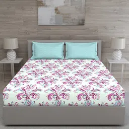 GM Sea Green & Pink Floral 150 TC Queen Bedsheet with 2 Pillow Covers image 5